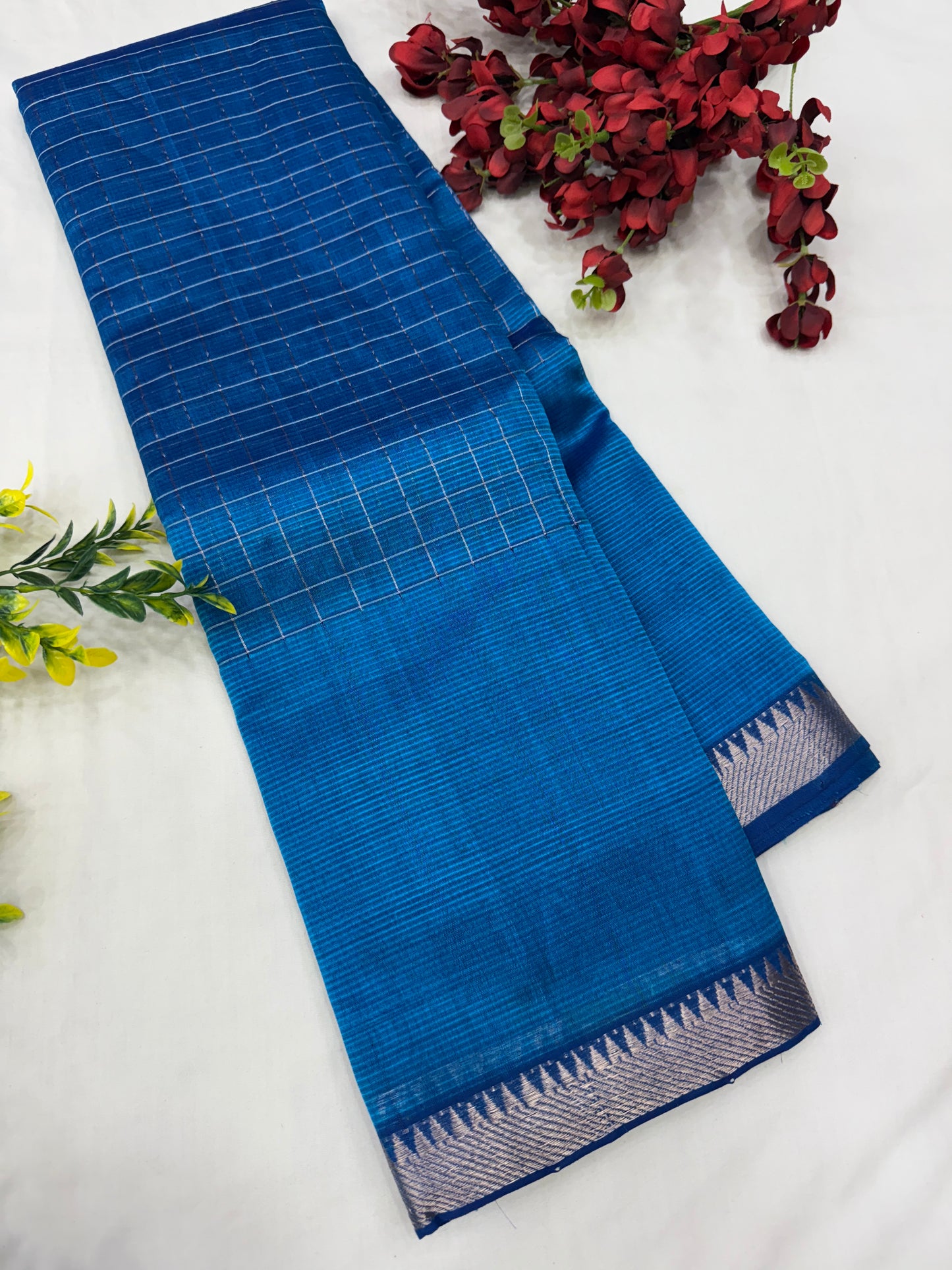 Teal Blue Silver Checks Mangalgiri Handloom Sarees