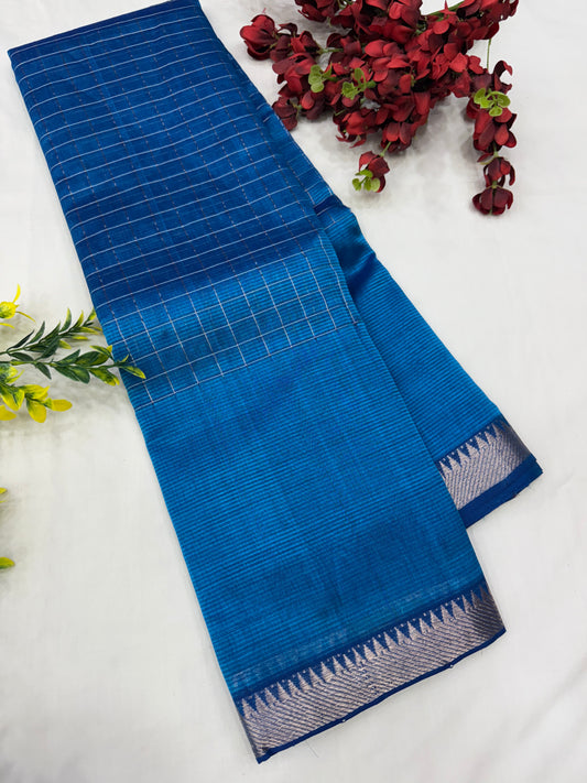 Teal Blue Silver Checks Mangalgiri Handloom Sarees