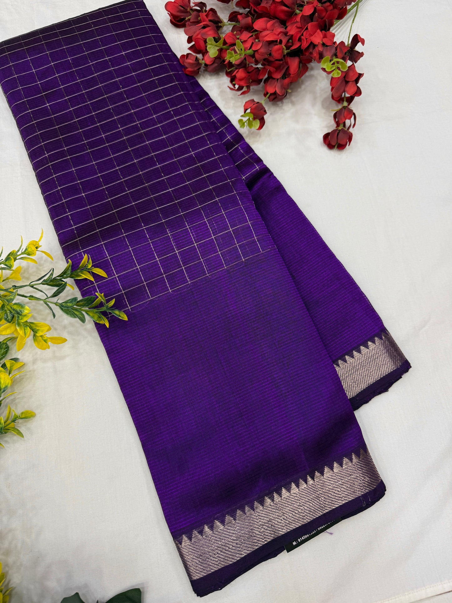 Baingan Silver Checks Mangalgiri Handloom Sarees