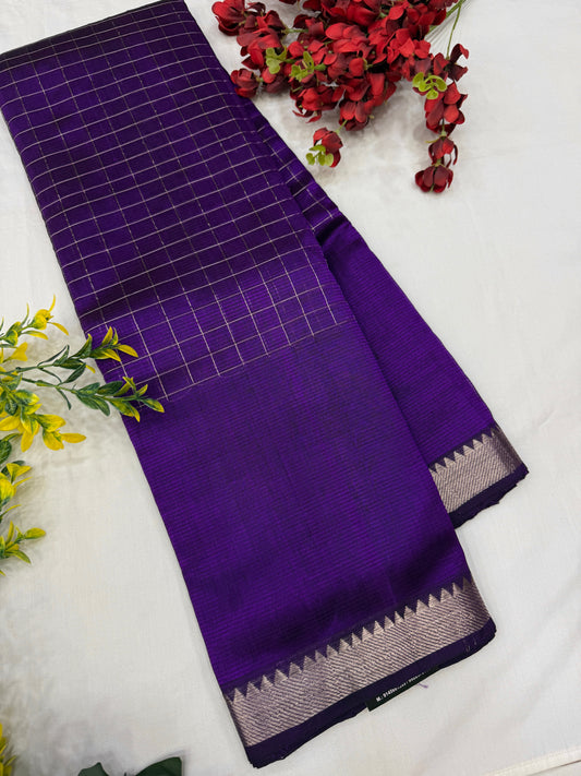 Baingan Silver Checks Mangalgiri Handloom Sarees