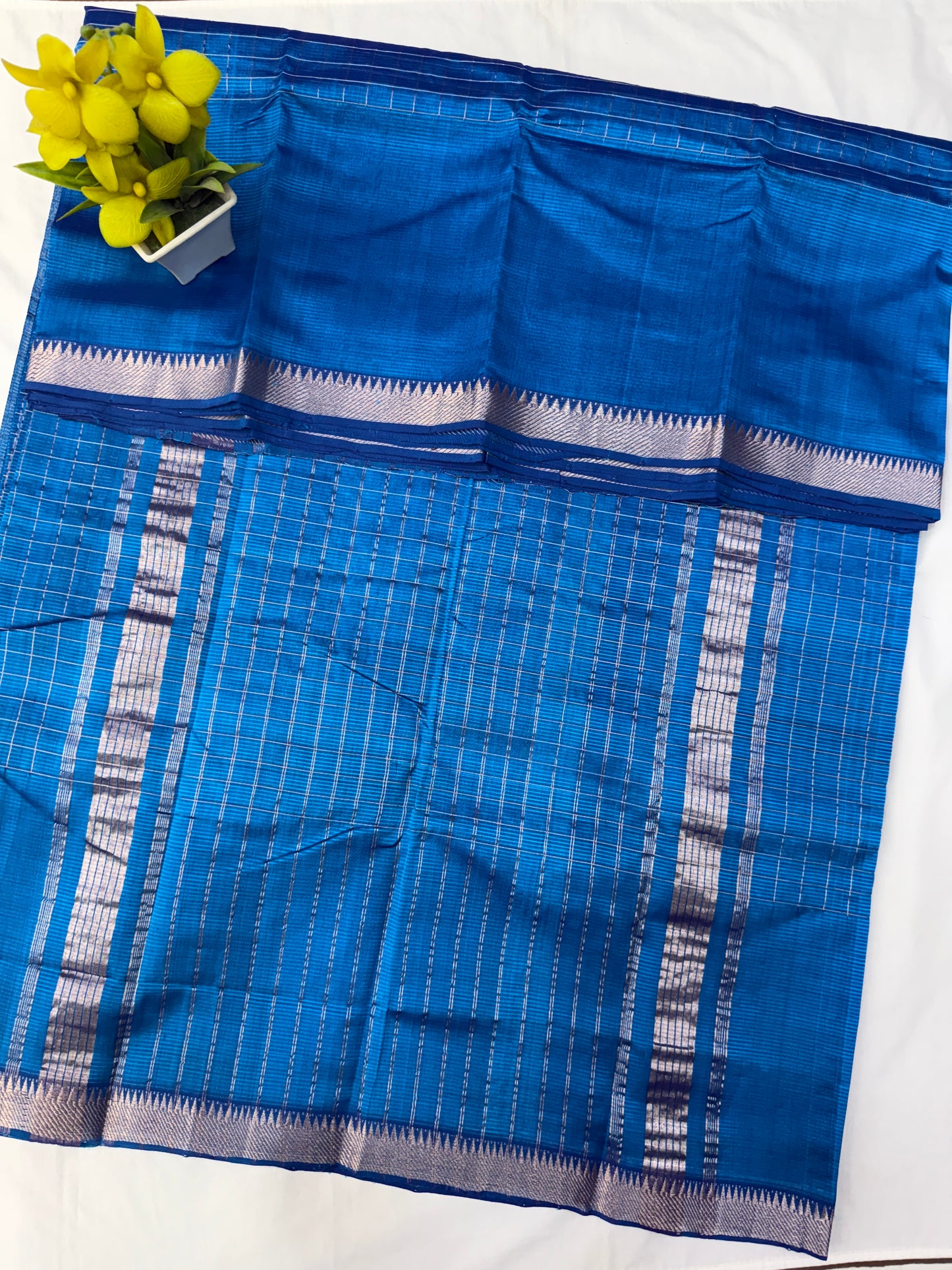 Teal Blue Silver Checks Mangalgiri Handloom Sarees