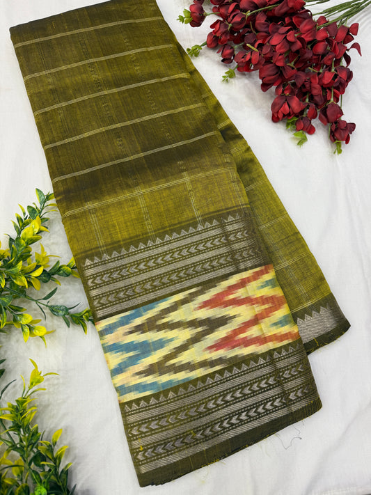 Olive Green Mangalgiri Ikkat Handloom Sarees