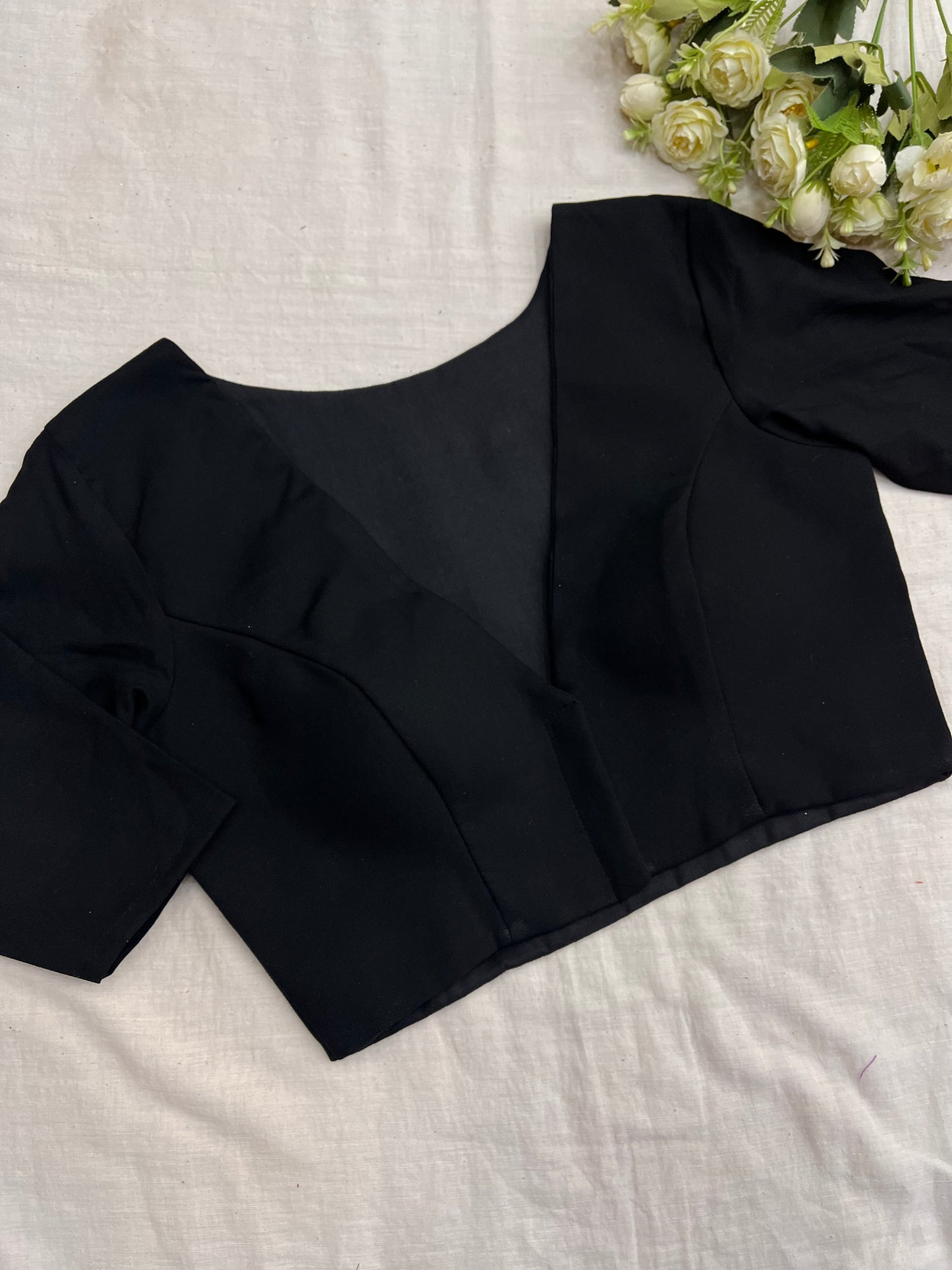 Black V Neck Elbow Sleeves Blouse