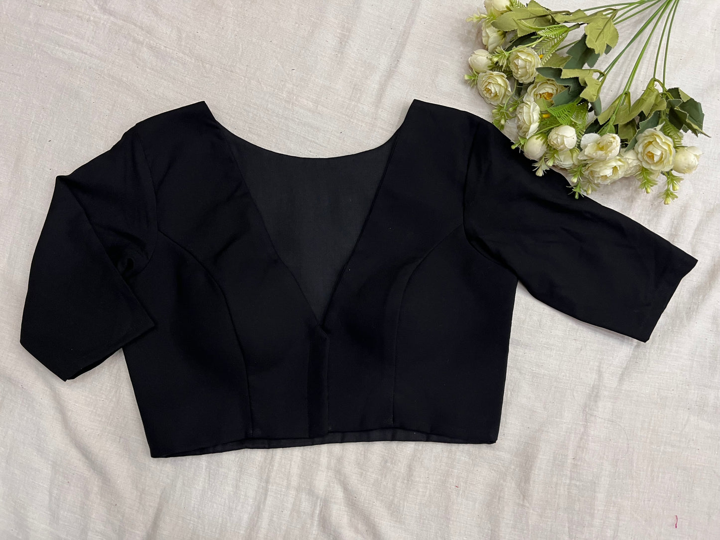 Black V Neck Elbow Sleeves Blouse