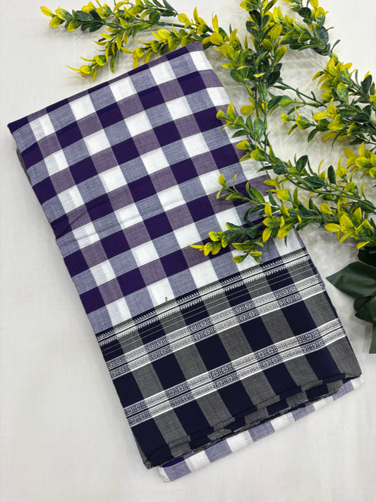 Purple White Box Checks Handloom Ilkal Saree
