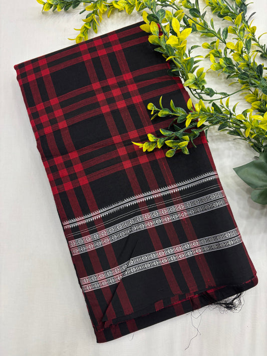 Red Black Checks Handloom Ilkal Saree