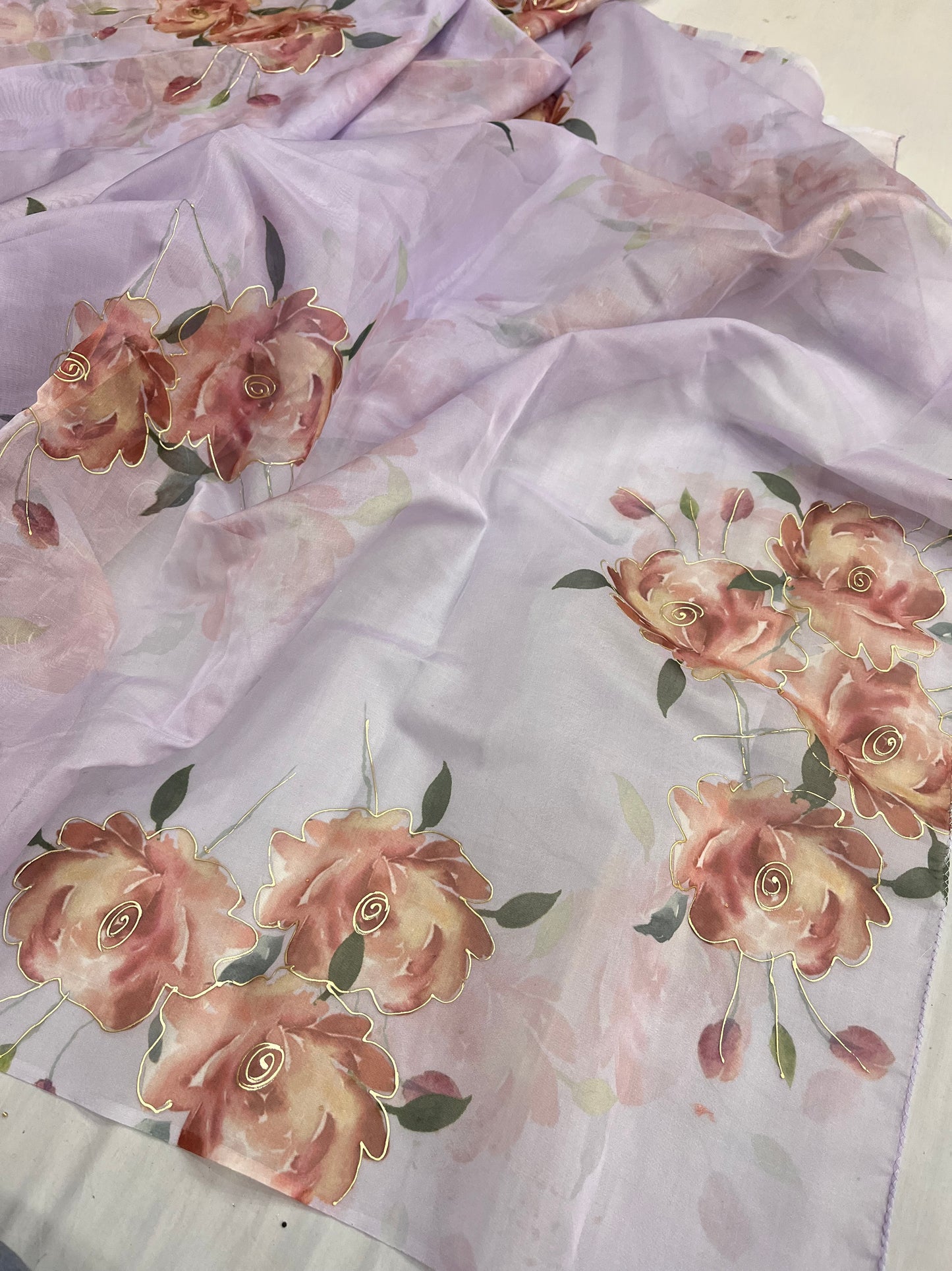 Lavender Rose Organza Floral Print Saree