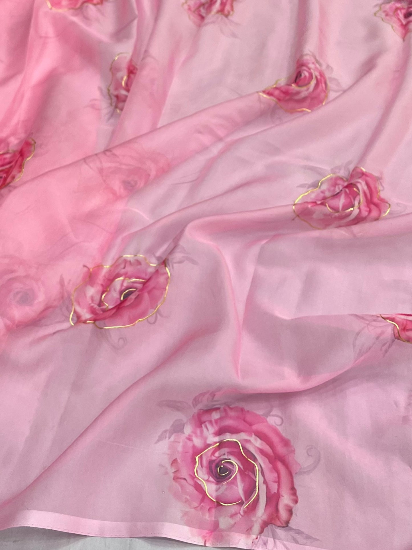 Pink Rose Organza Floral Print Saree