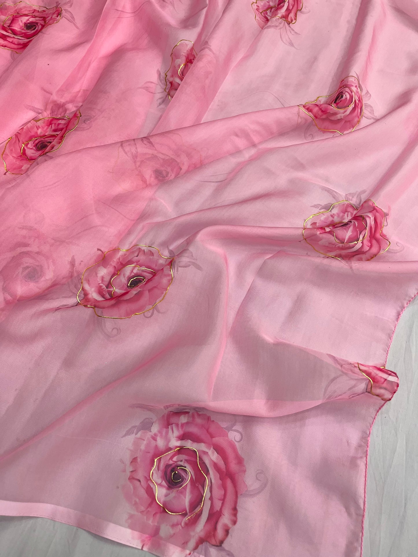 Pink Rose Organza Floral Print Saree