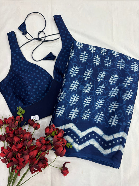 Neel Katha Indigo Modal Silk Saree & Blouse Set