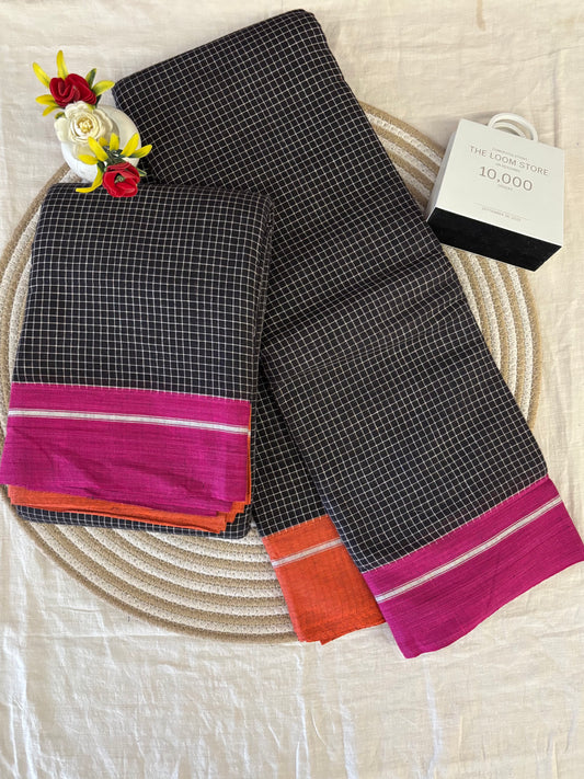 Black Patteda Anchu Saree With Pink Orange Border