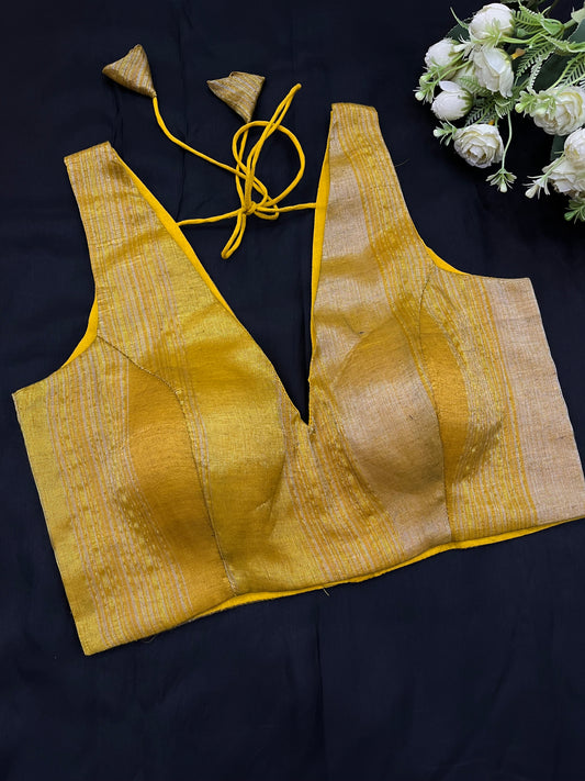 Mustard Tissue Mulmul V Neck Blouse