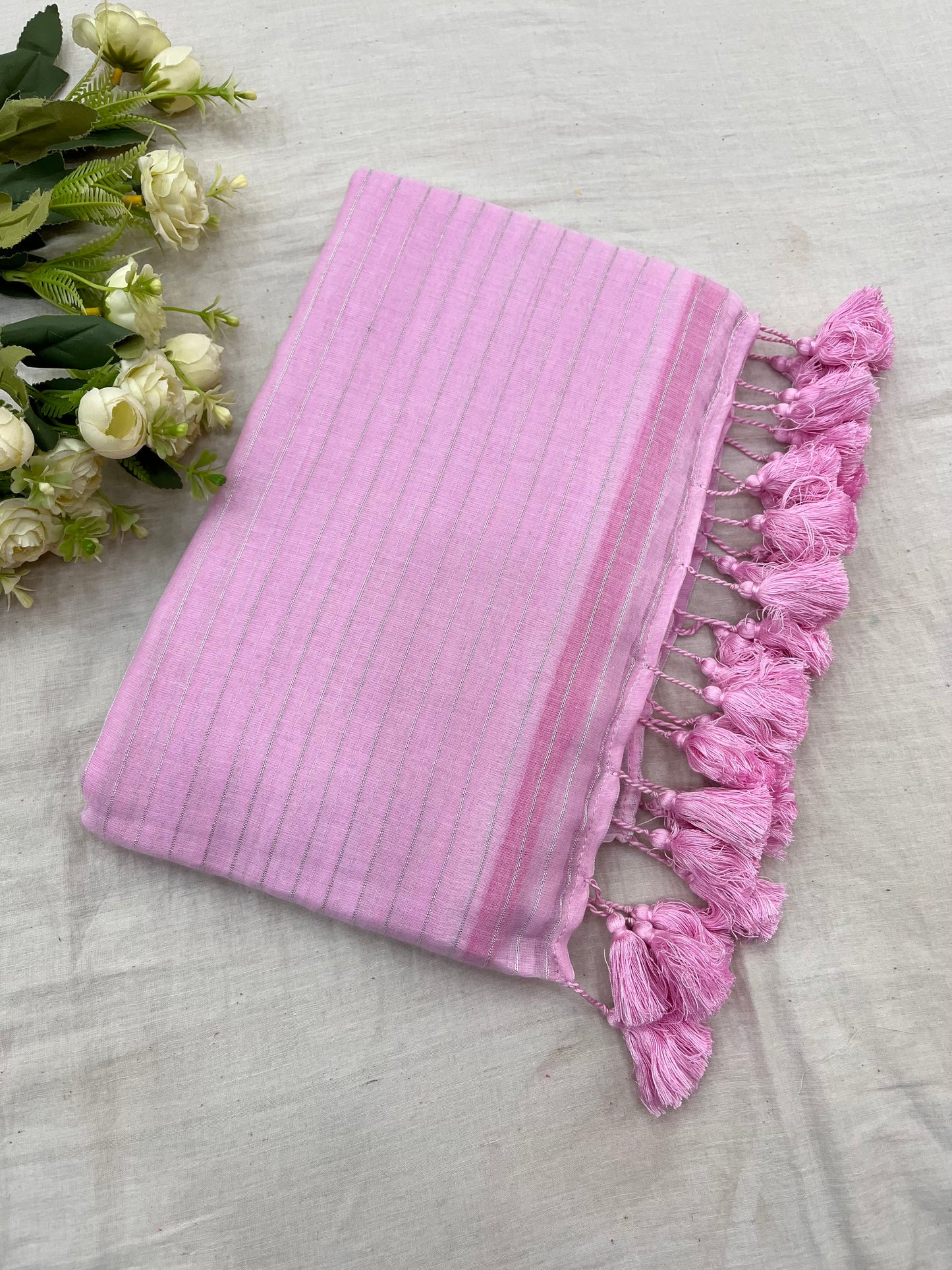 Light Pink Zari Lines Mulmul Saree