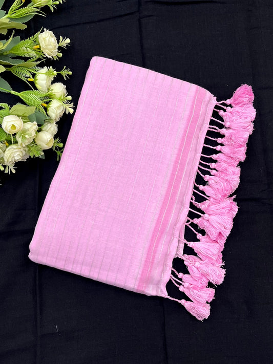 Light Pink Zari Lines Mulmul Saree