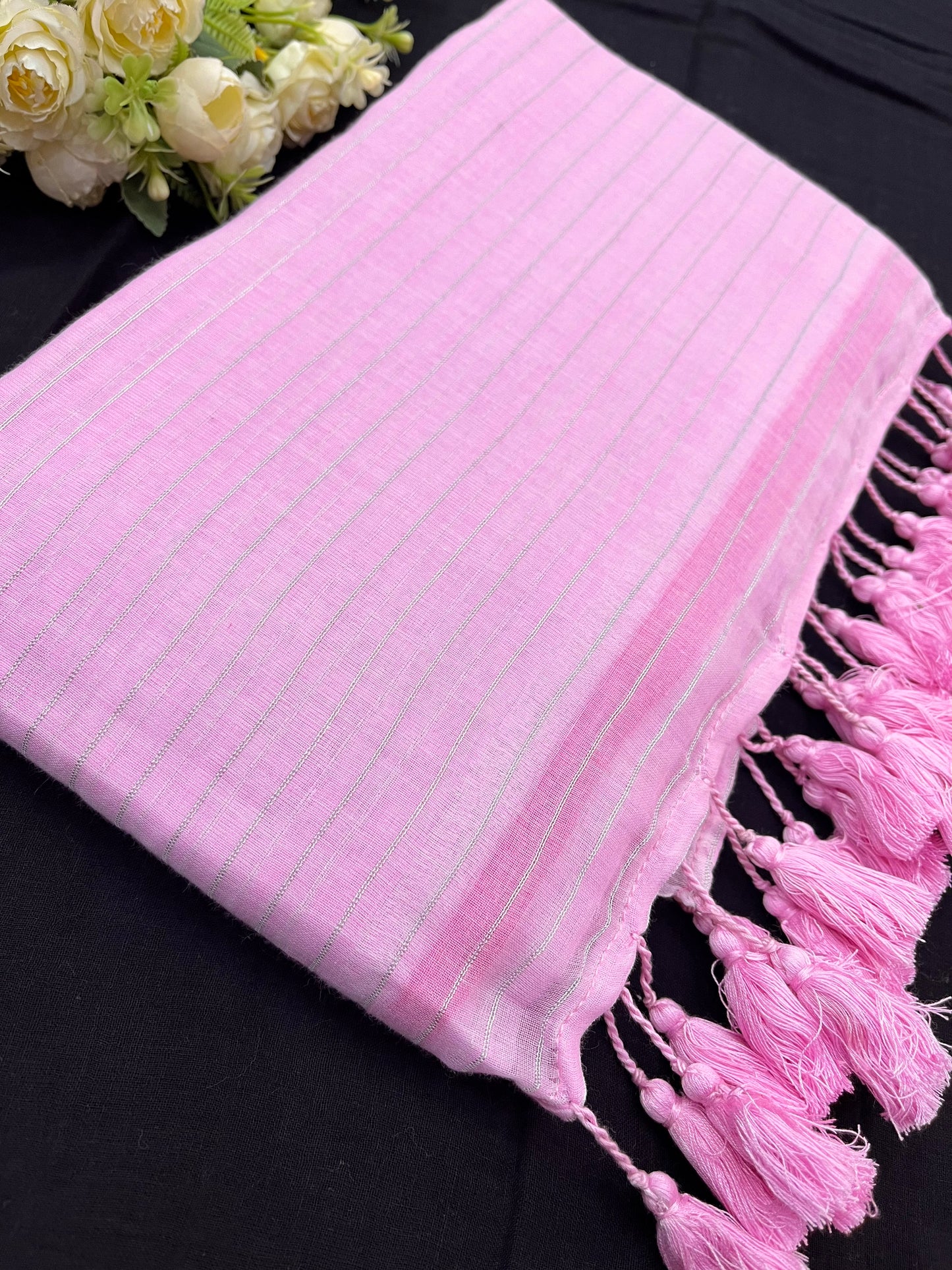 Light Pink Zari Lines Mulmul Saree