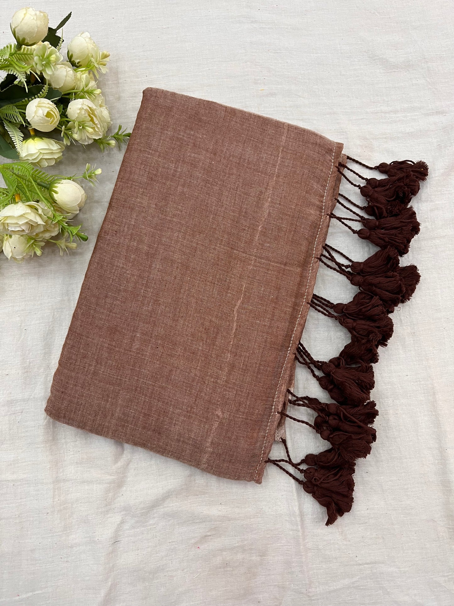 Coffee Toffee Mulmul Saree With Tassels