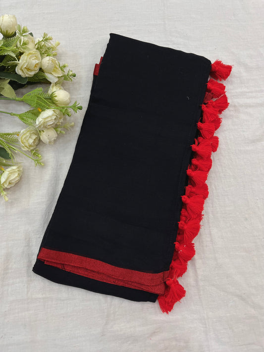 Black Red Border Mulmul Saree