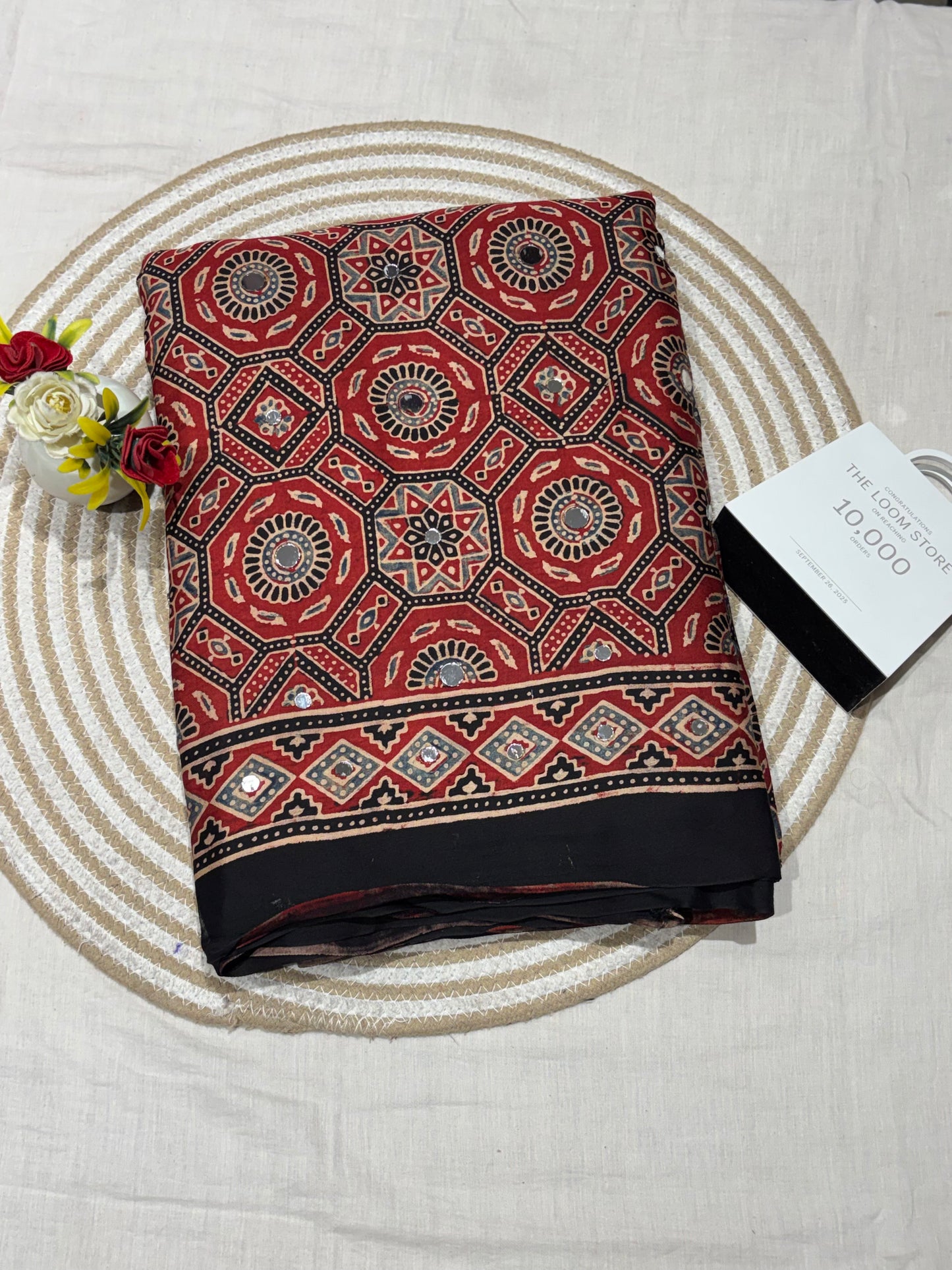 Kalpana Red Jalna Ajrakh Mirror Saree (Limited Peices)