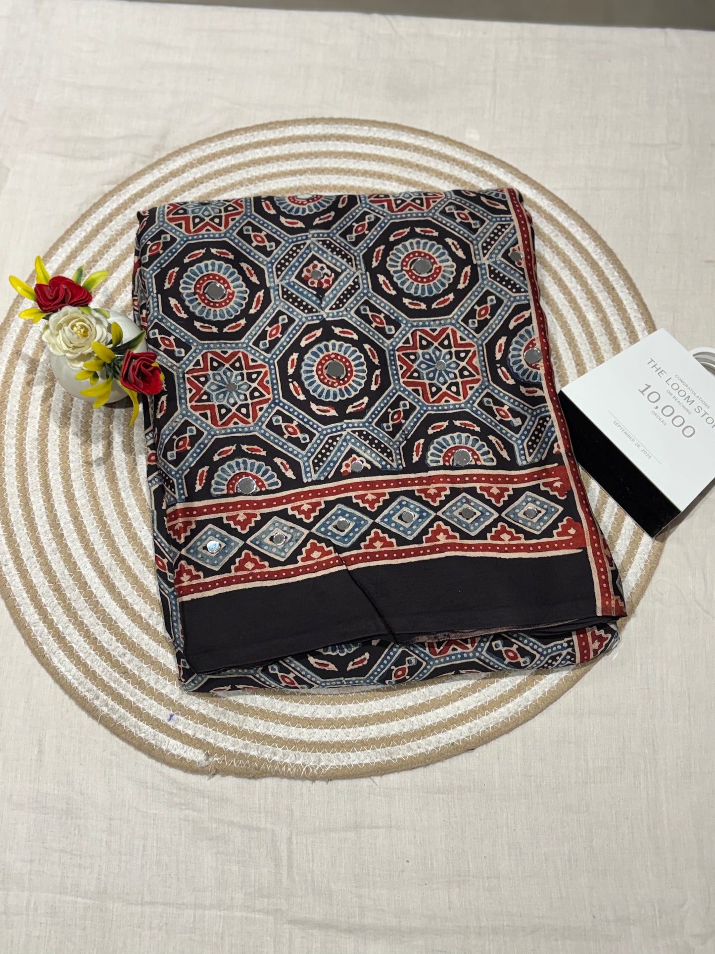 Kalpana Black Jalna Ajrakh Mirror Saree (Limited Peices)