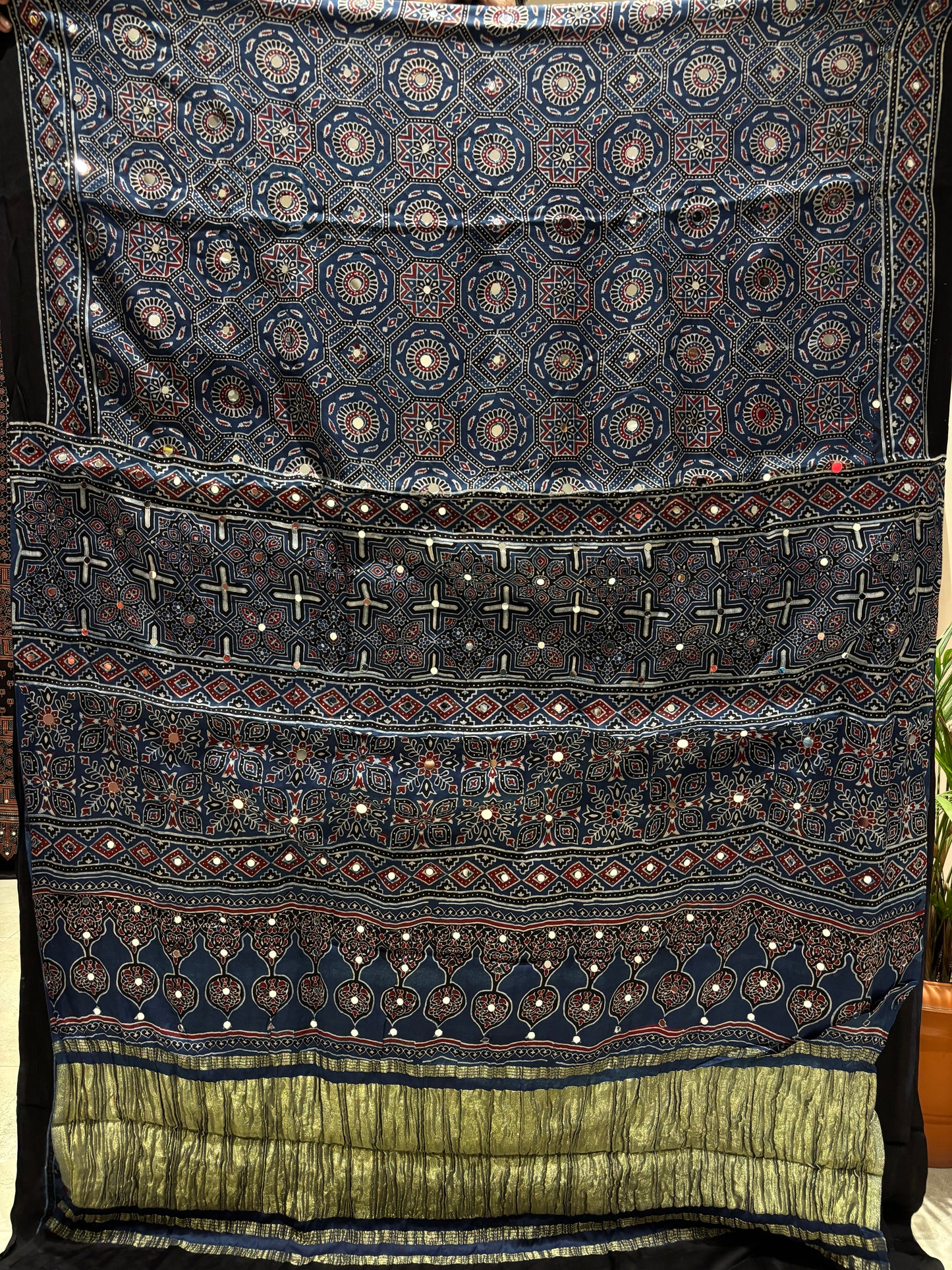 Kalpana Blue Jalna Ajrakh Mirror Saree (Limited Peices)