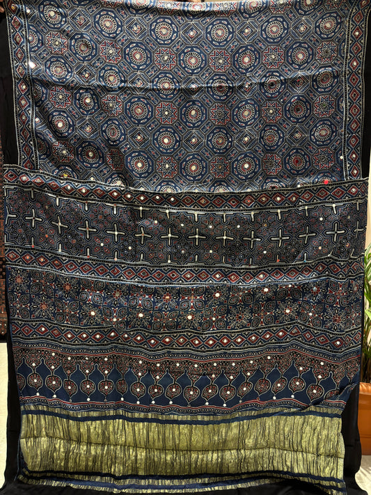 Kalpana Blue Jalna Ajrakh Mirror Saree (Limited Peices)