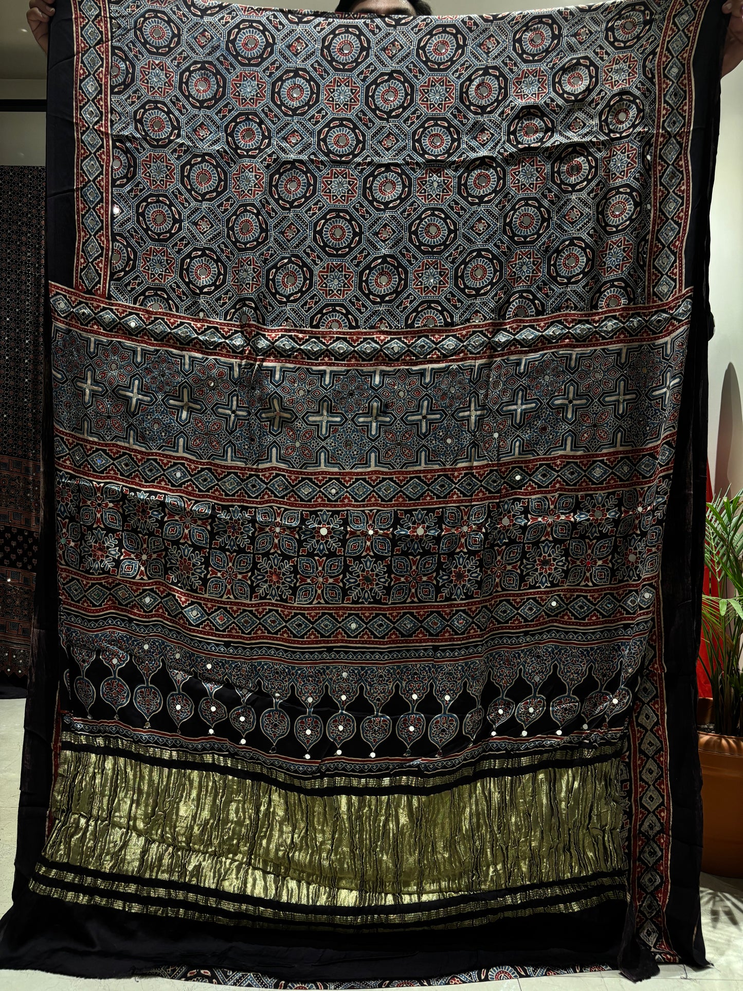 Kalpana Black Jalna Ajrakh Mirror Saree (Limited Peices)