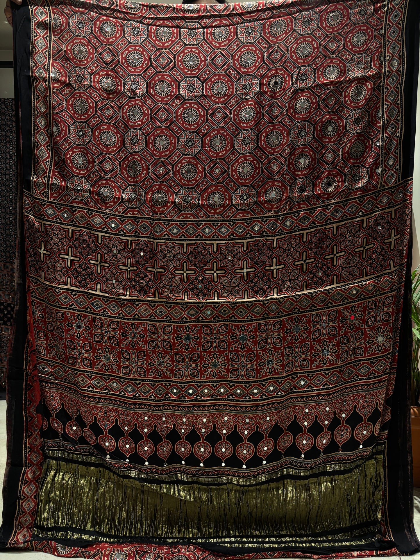 Kalpana Red Jalna Ajrakh Mirror Saree (Limited Peices)