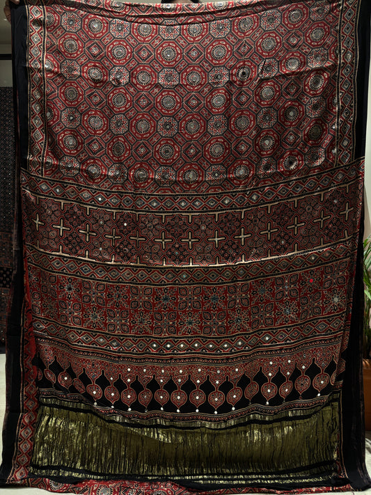 Kalpana Red Jalna Ajrakh Mirror Saree (Limited Peices)
