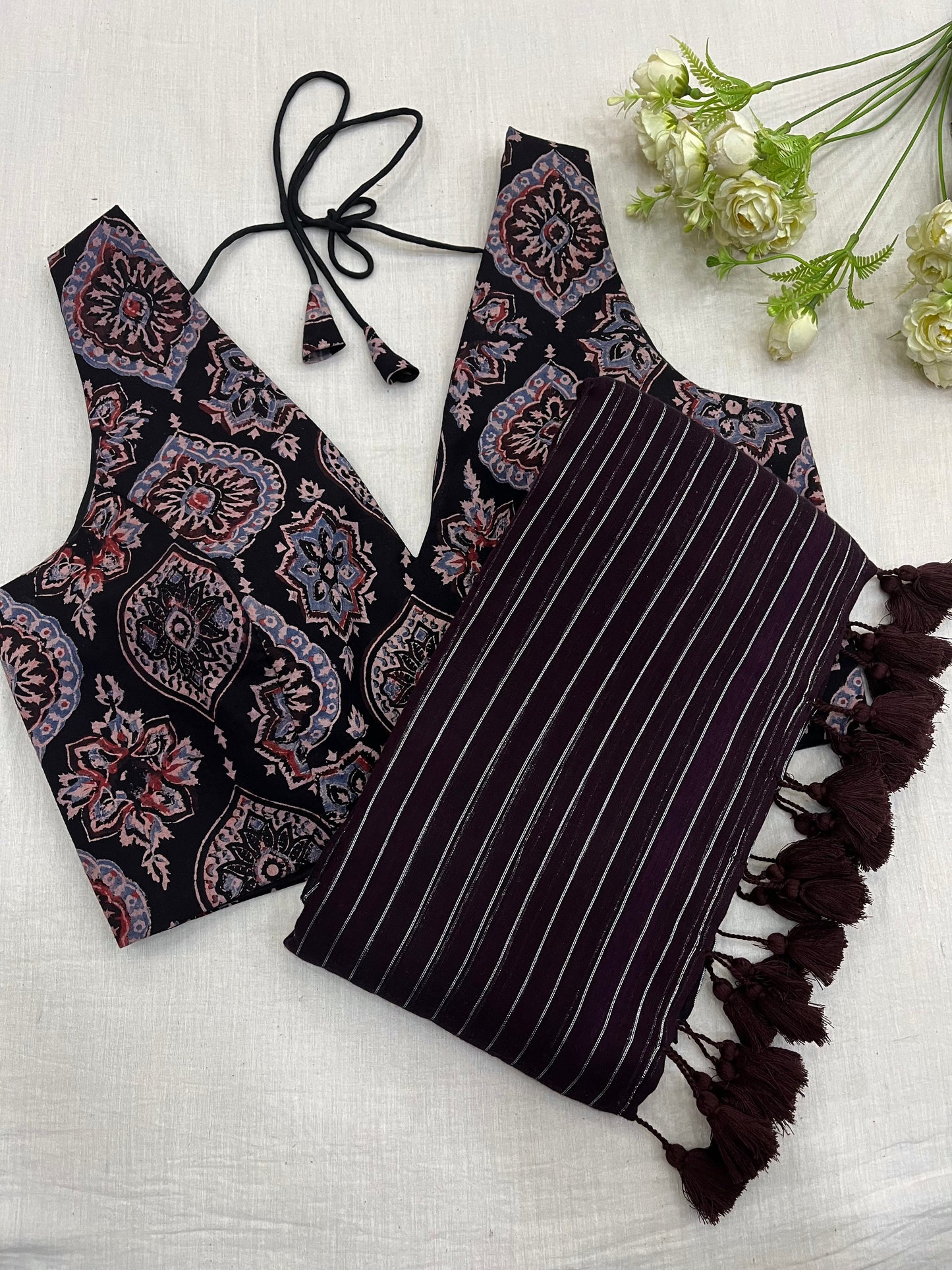 Garnett Zari Lines - Black Maroon Ajrakh Combo Set