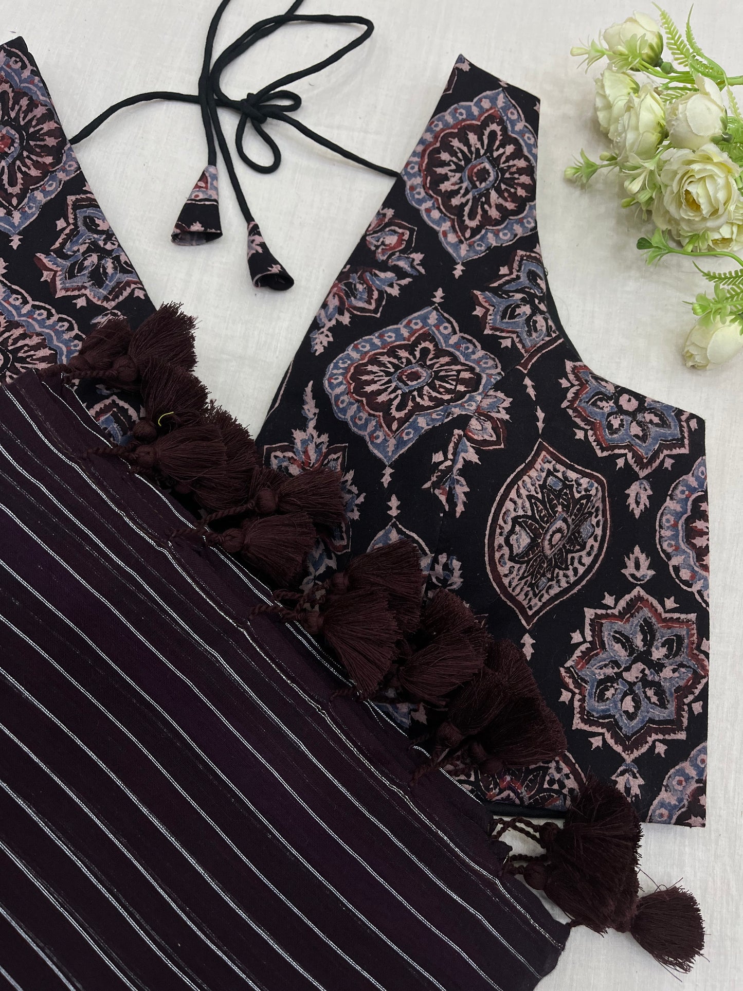 Garnett Zari Lines - Black Maroon Ajrakh Combo Set