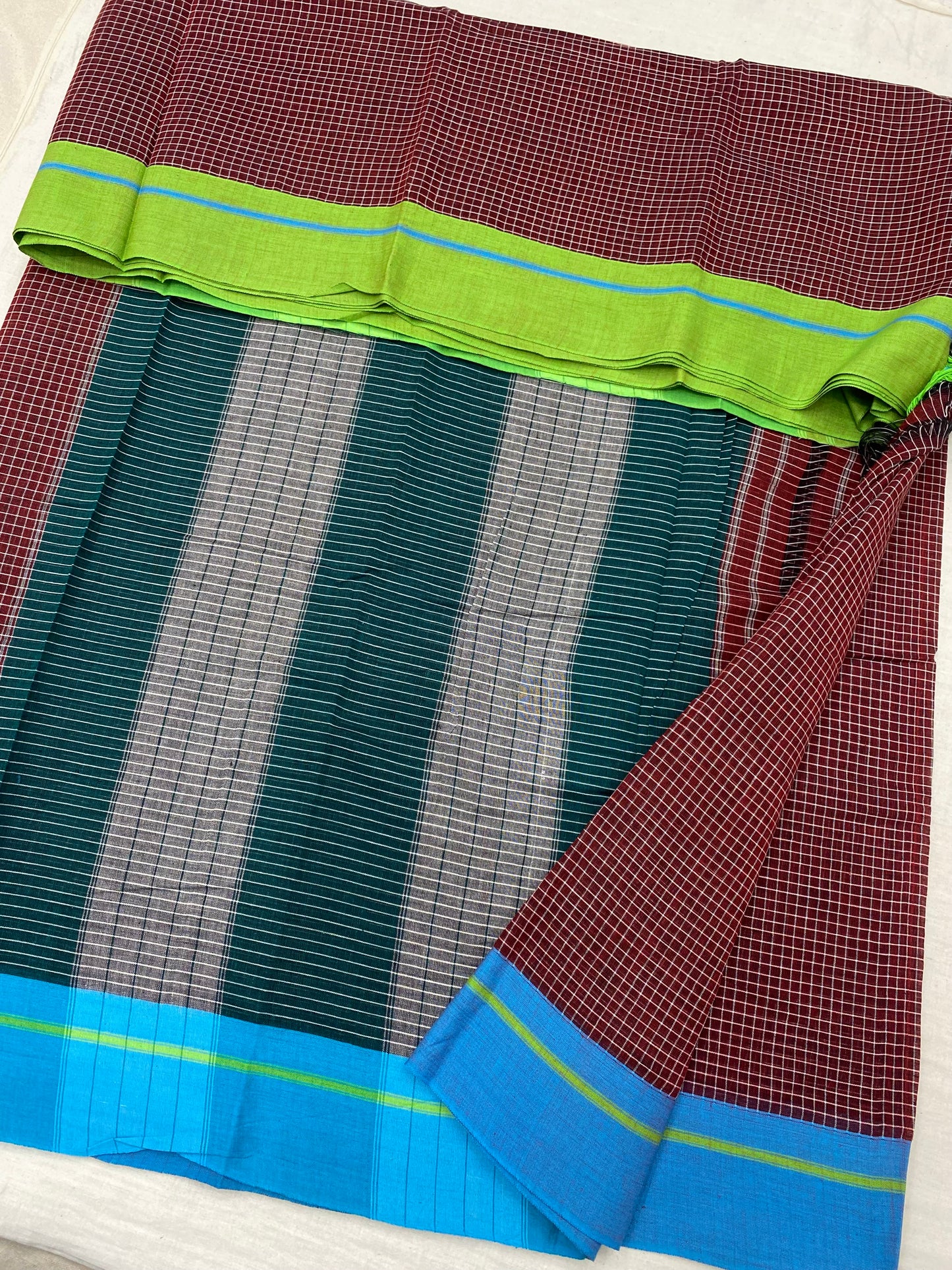 Blue-Green Border Maroon Patteda Anchu Saree