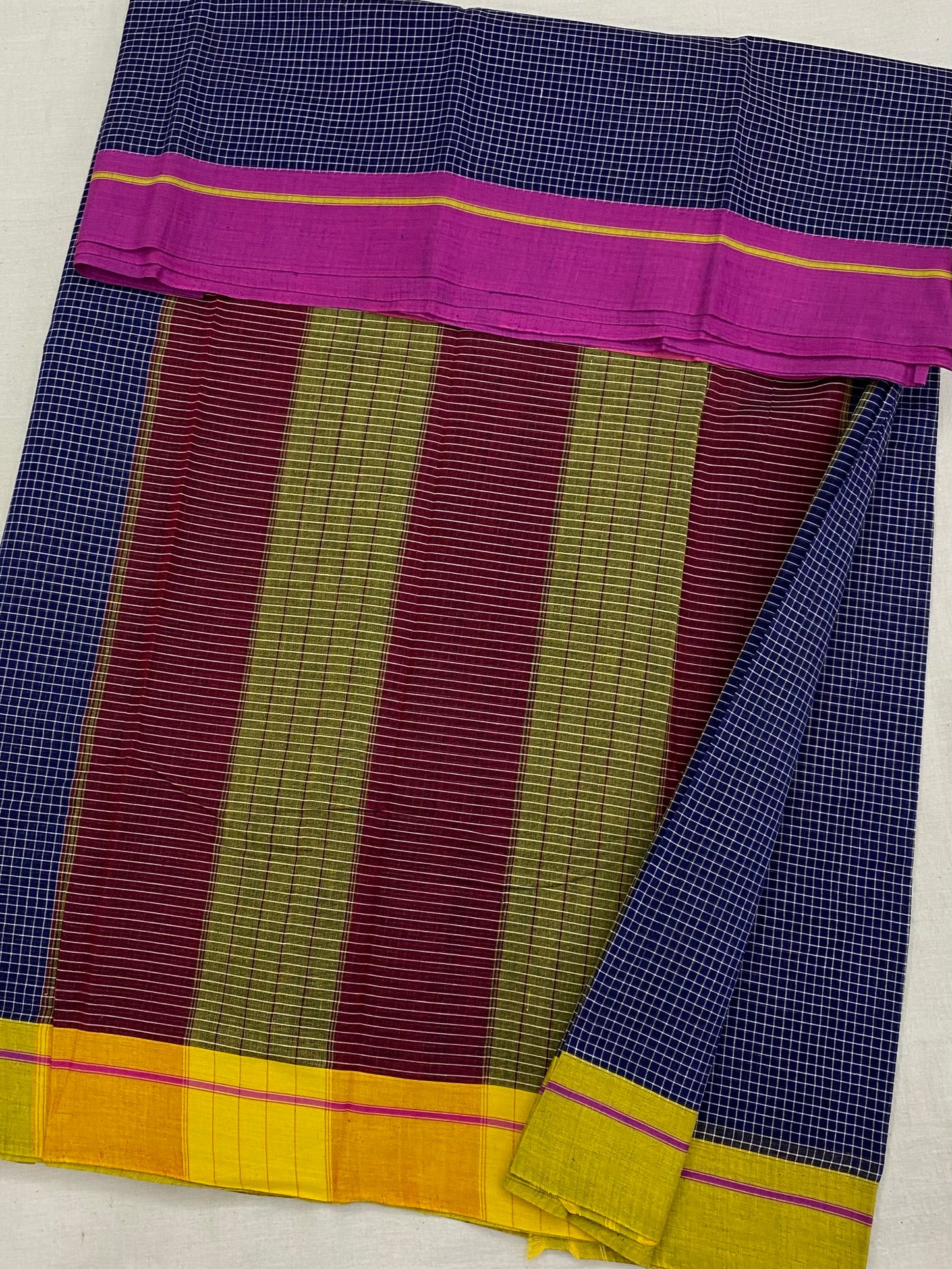 Yellow-Pink Border Blue Patteda Anchu Saree