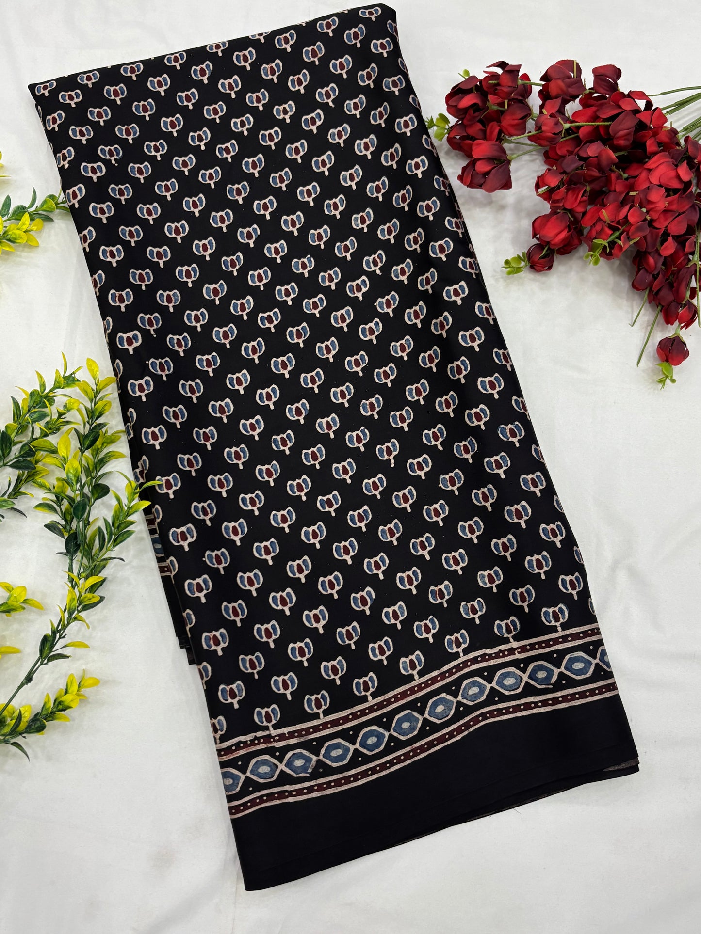 Black Kamal Ajrakh Modal Silk Saree (Dispatch 30th Jan)
