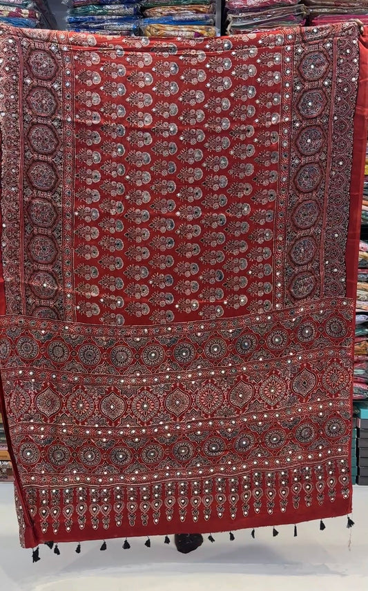 Laal Tara Pure Ajrakh Modal Silk Glued Mirror Saree (Pre Order - Dispatch Starts 25th June 2026)