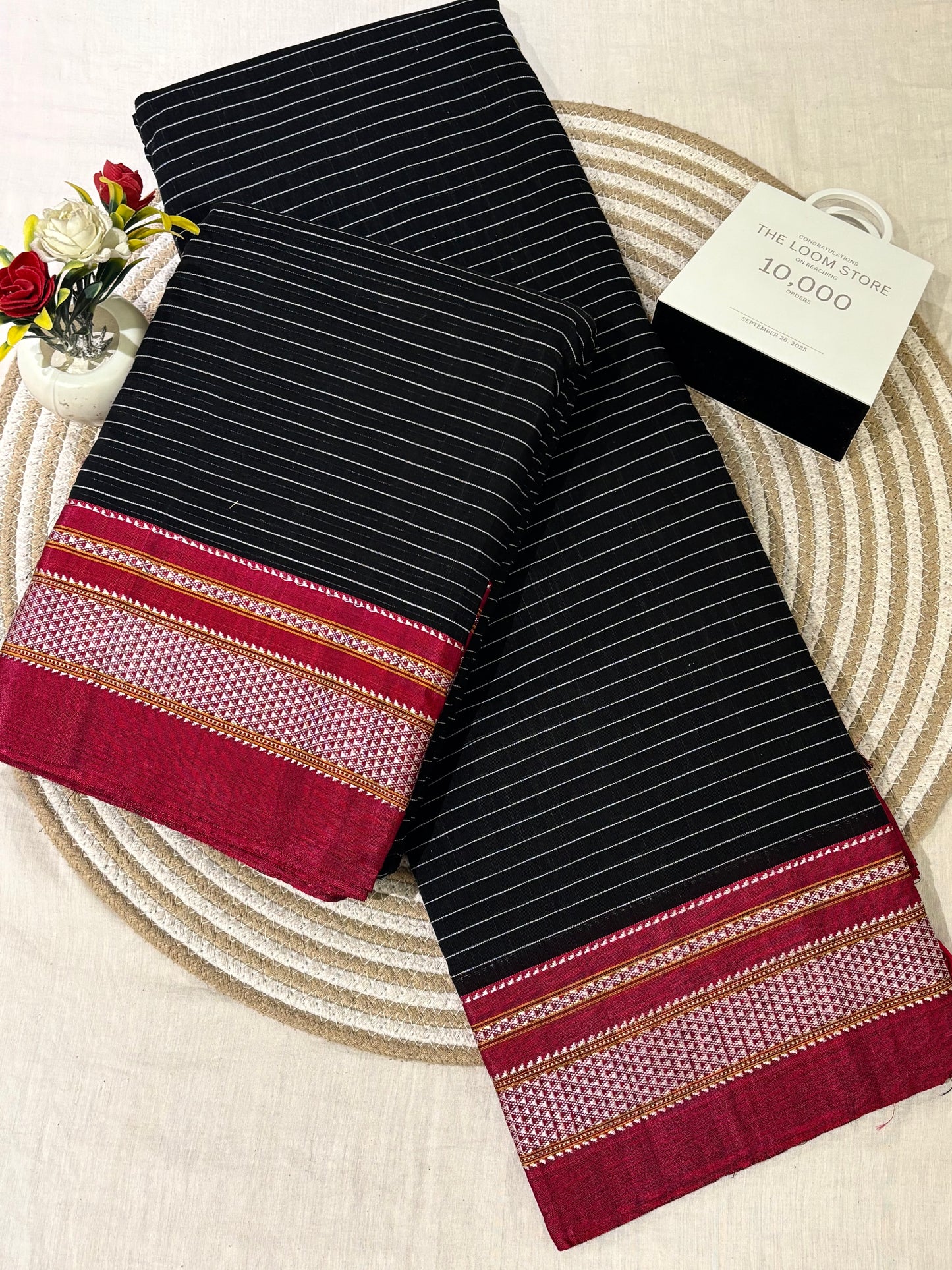 Black Hot Pink Lining Handloom Ikkal Cotton Saree