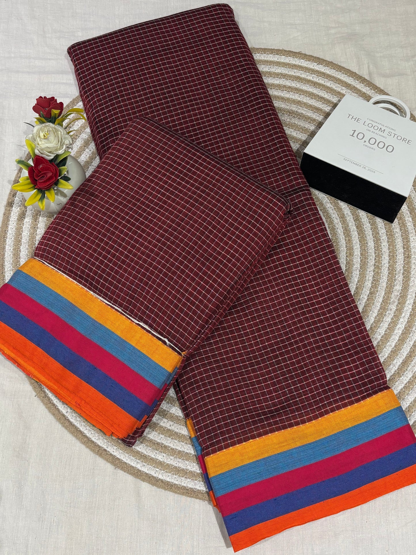 Maroon Patteda Anchu Saree with Multicolour Border