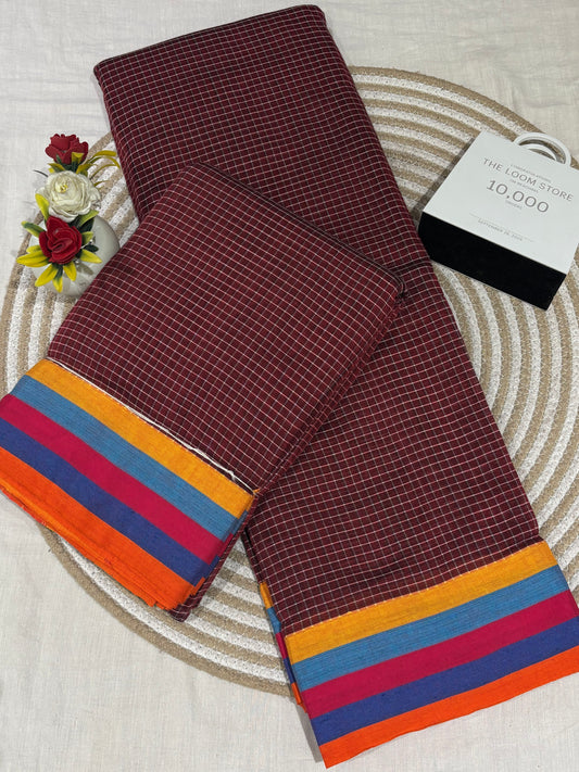 Maroon Patteda Anchu Saree with Multicolour Border