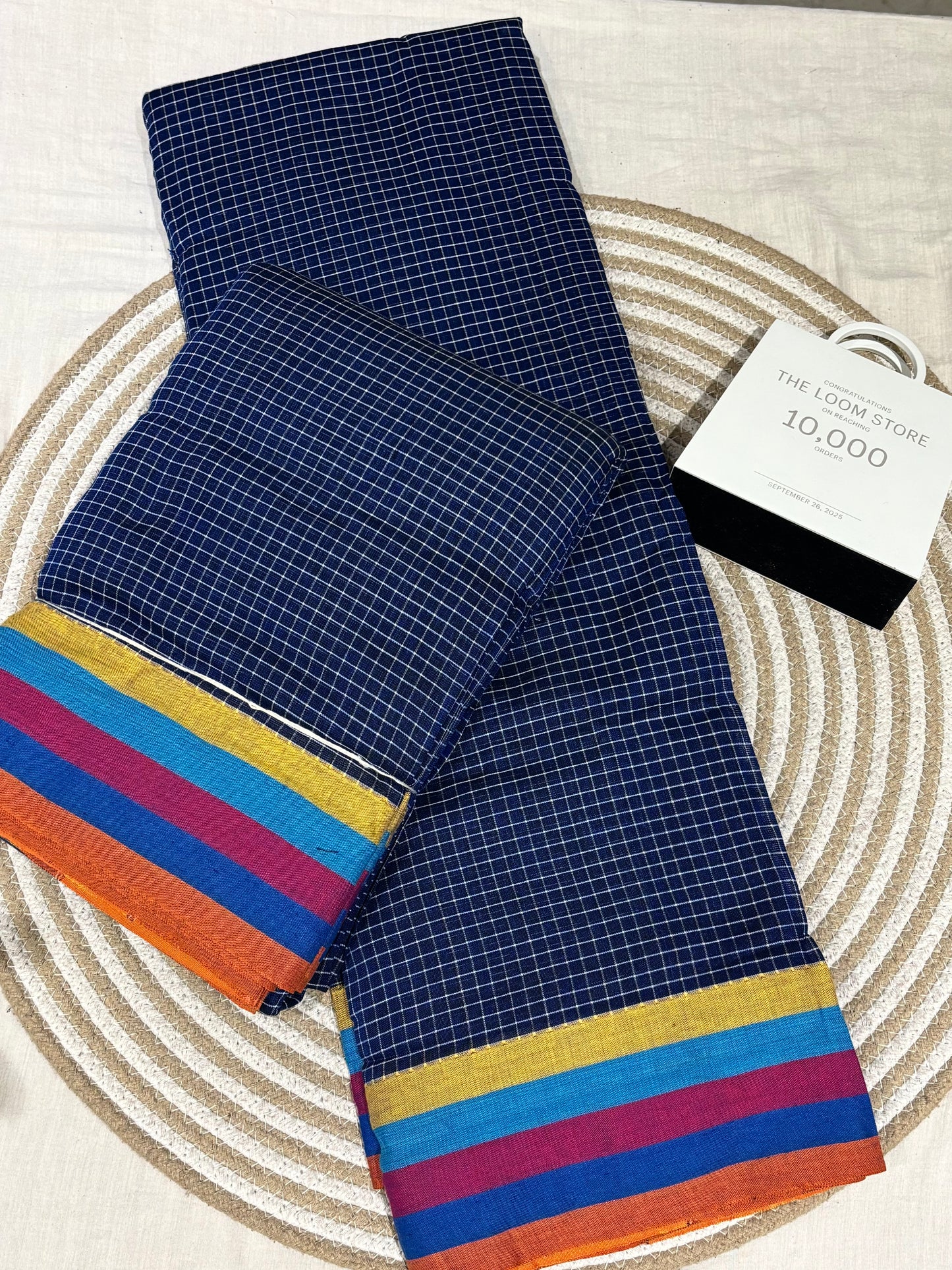 Blue Patteda Anchu Saree With Multicoloured Border