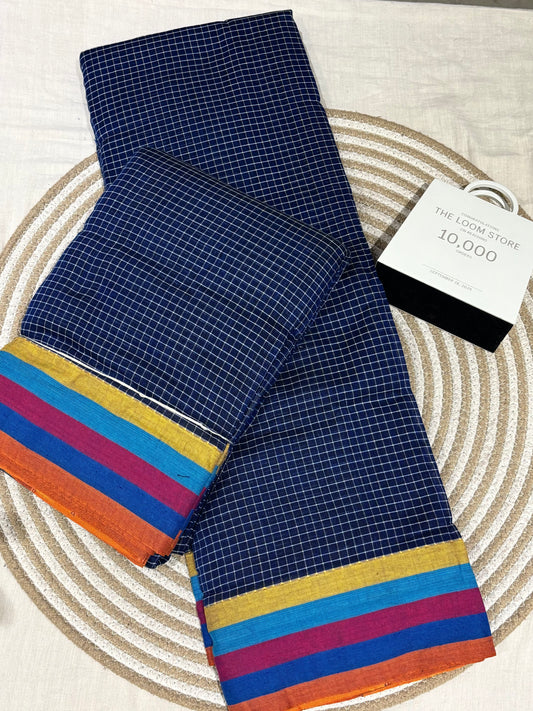 Blue Patteda Anchu Saree With Multicoloured Border