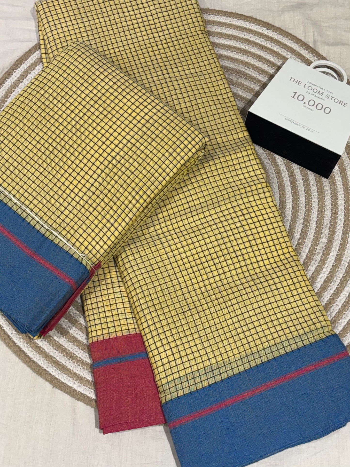 Butter Yellow Patteda Anchu Saree With Blue Pink Border