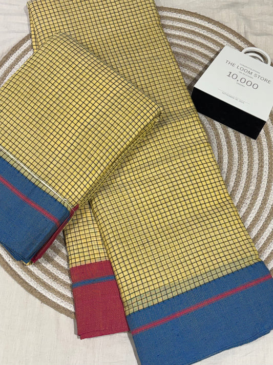 Butter Yellow Patteda Anchu Saree With Blue Pink Border