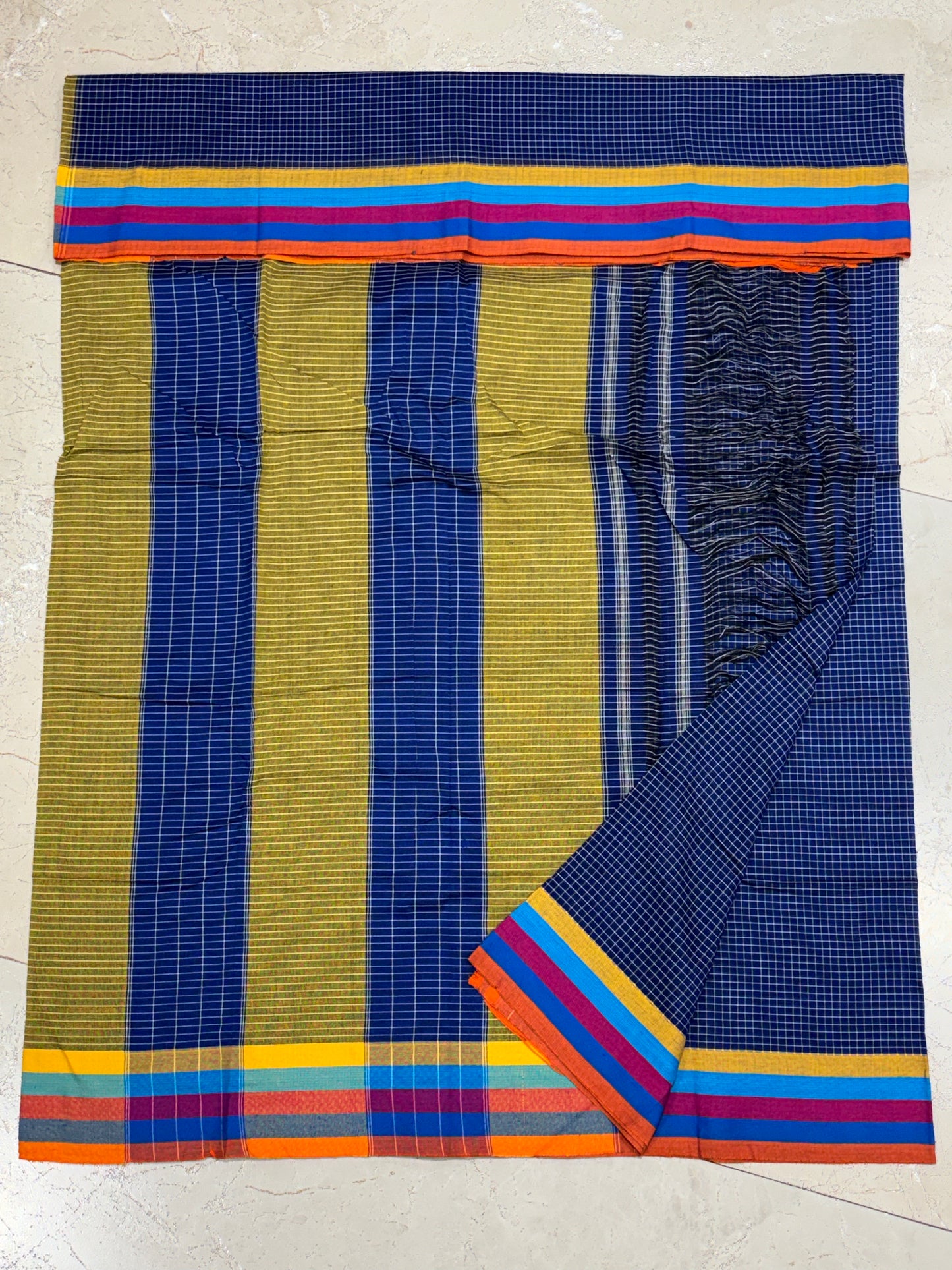 Blue Patteda Anchu Saree With Multicoloured Border