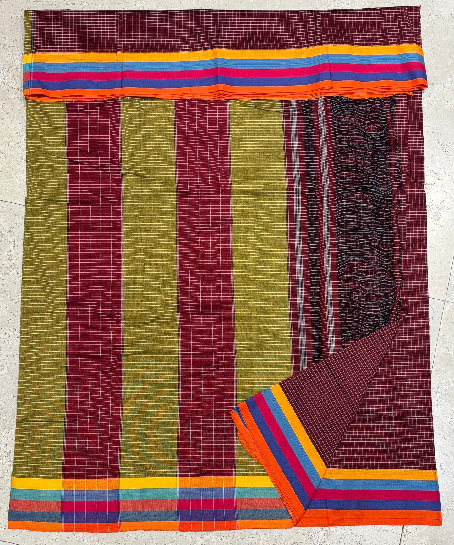 Maroon Patteda Anchu Saree with Multicolour Border