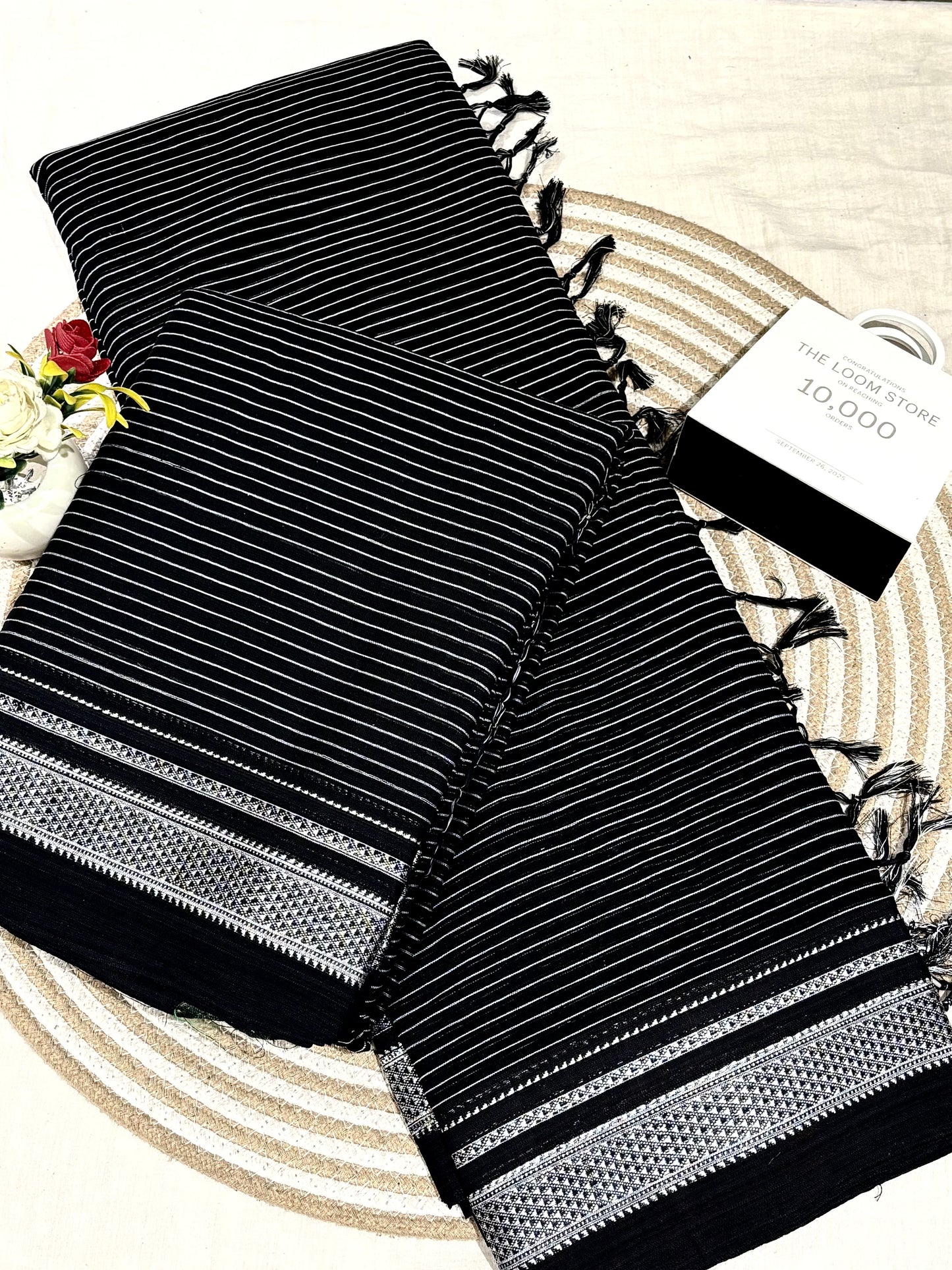 Black Grey Lining Handloom Ikkal Cotton Saree