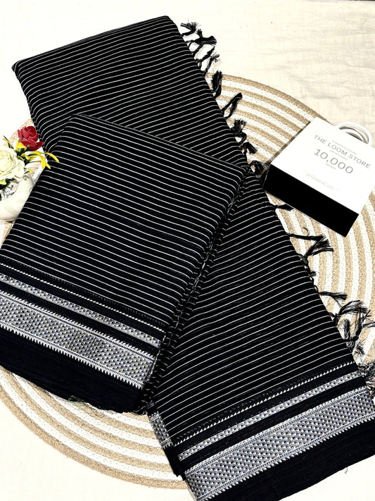Black Grey Lining Handloom Ikkal Cotton Saree