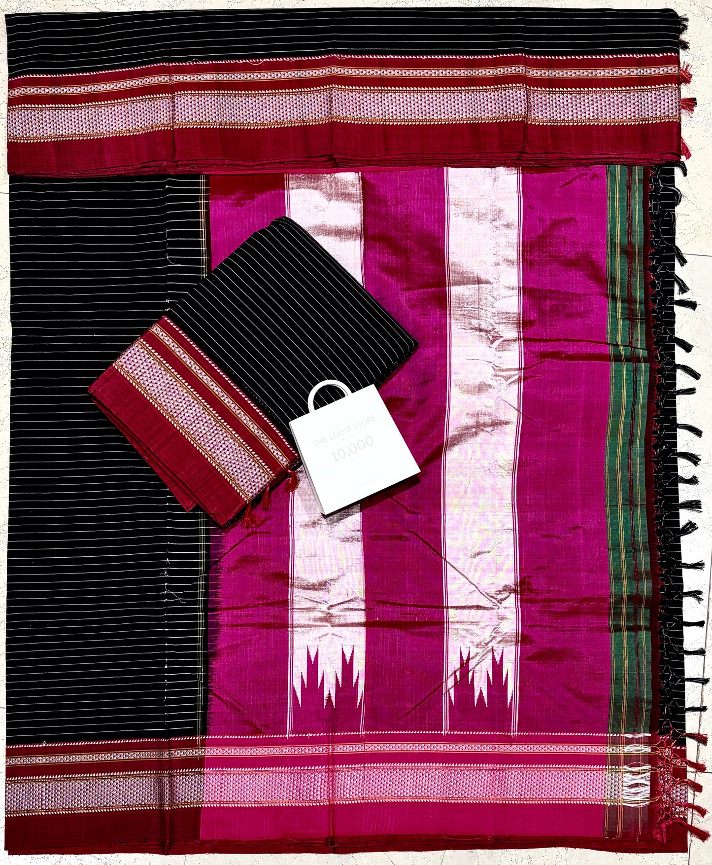 Black Hot Pink Lining Handloom Ikkal Cotton Saree