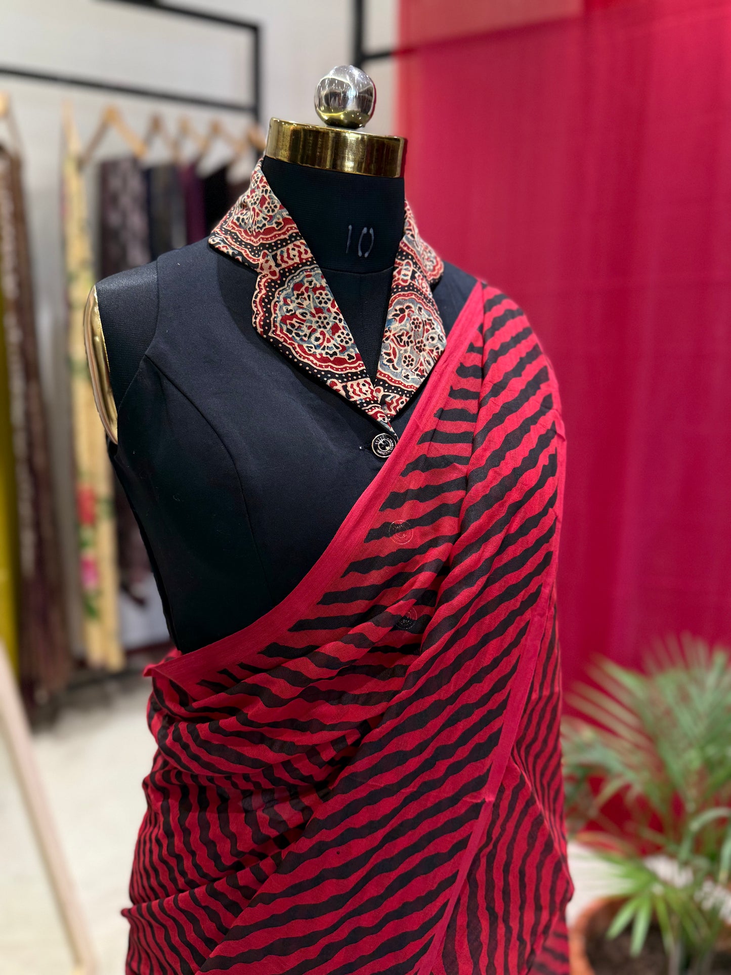 Black Red Lehriya Ajrakh Saree Blouse Set (Combo Set)