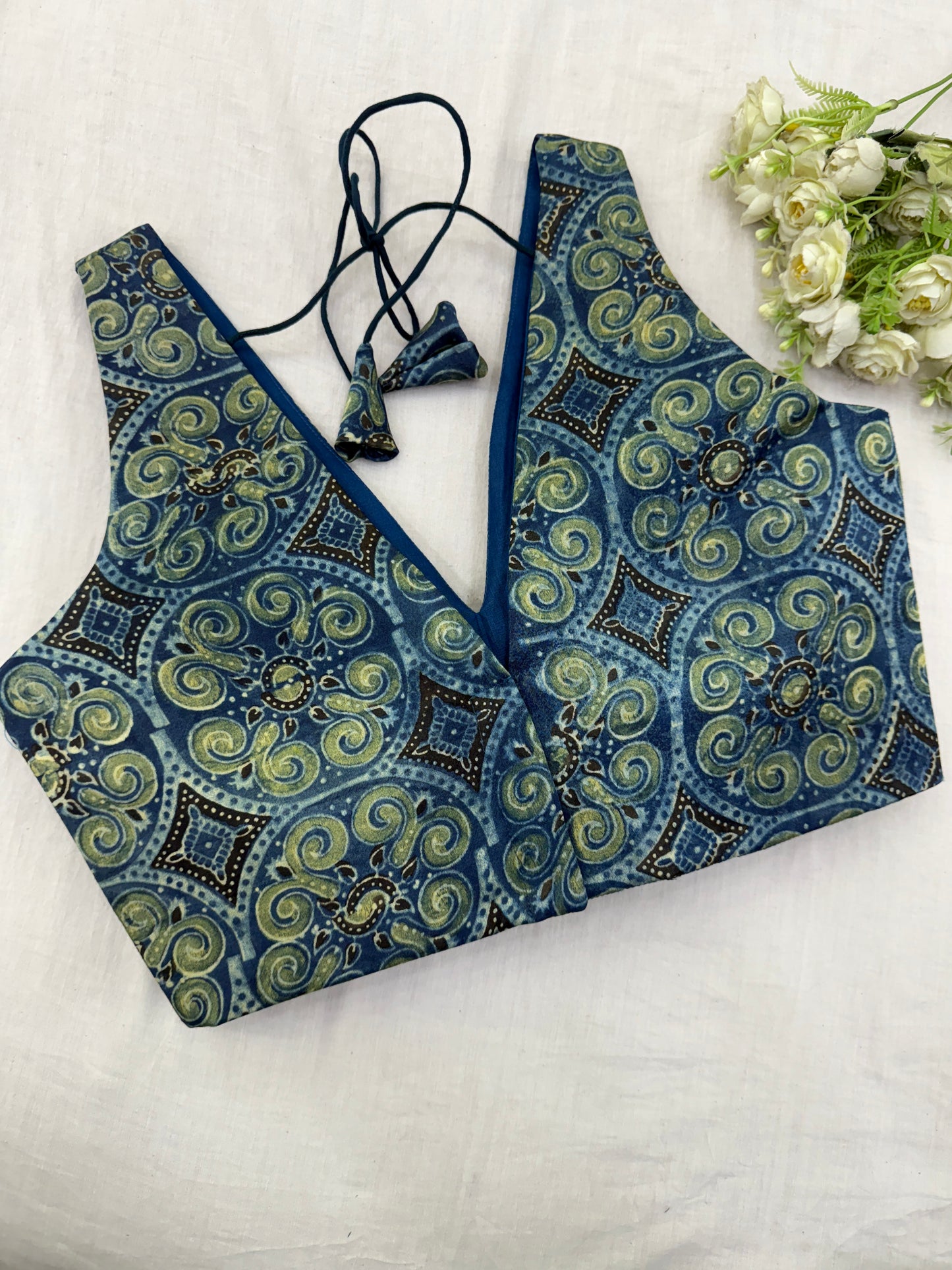 Algae Blue Ajrakh Mashru Blouse