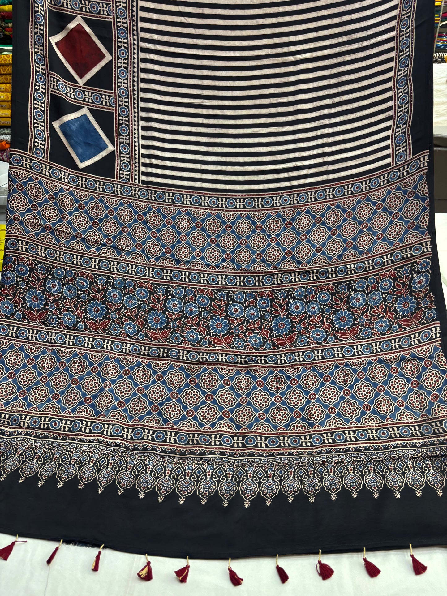 Kaala Neel Rekha Ajrakh Modal Silk Saree