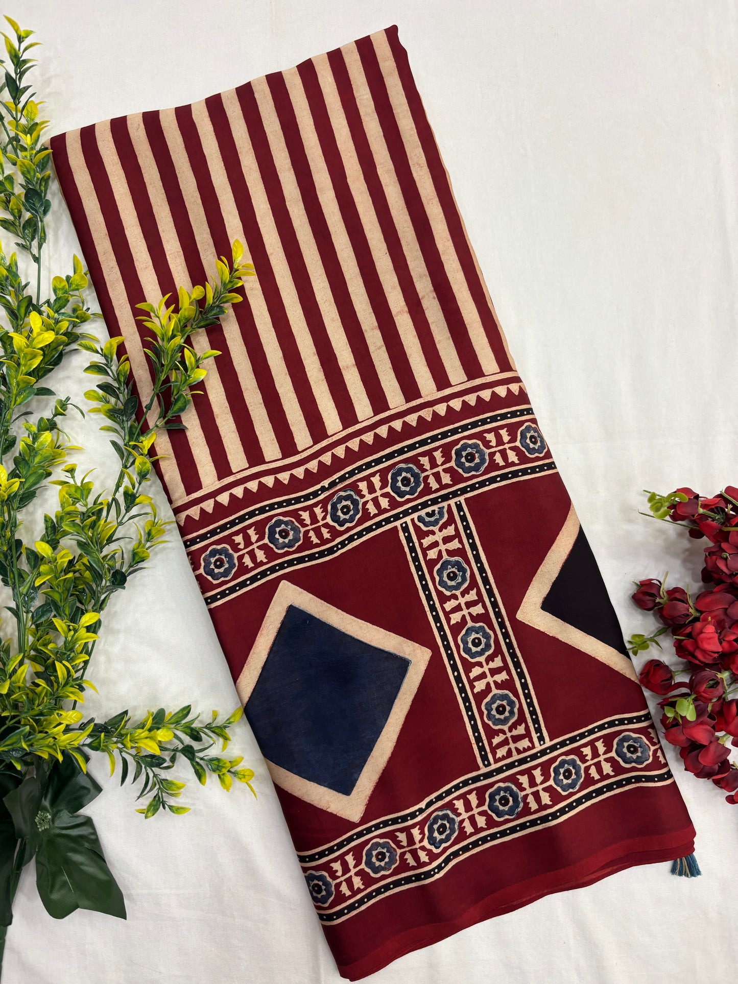 Mehroon Rekha Ajrakh Modal Silk Saree